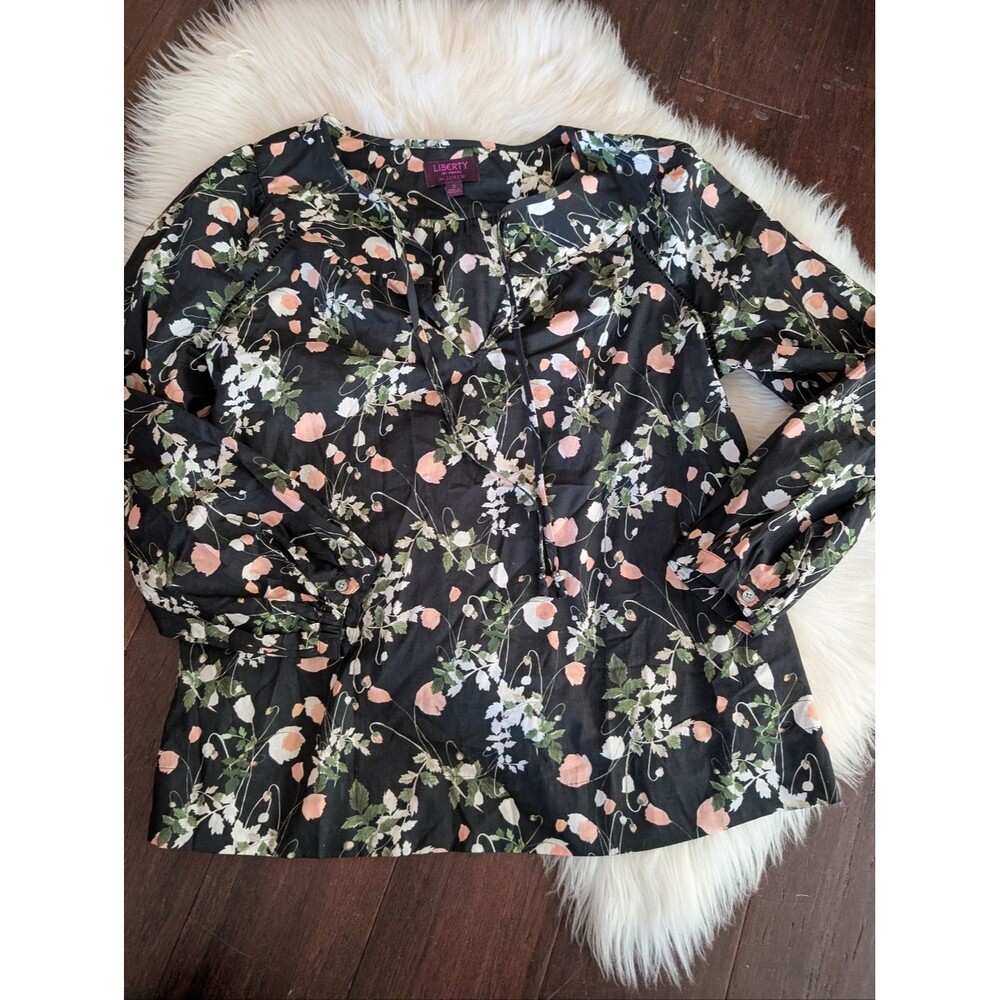 J Crew Liberty Of London Long Sleeve Blouse Black Cotton Floral Poppy Peasant S